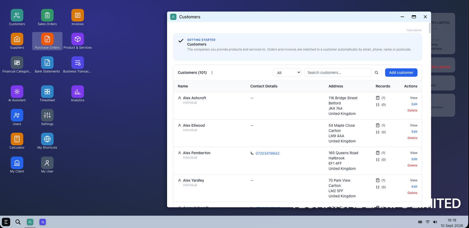 The AIOS desktop showing the Customers module